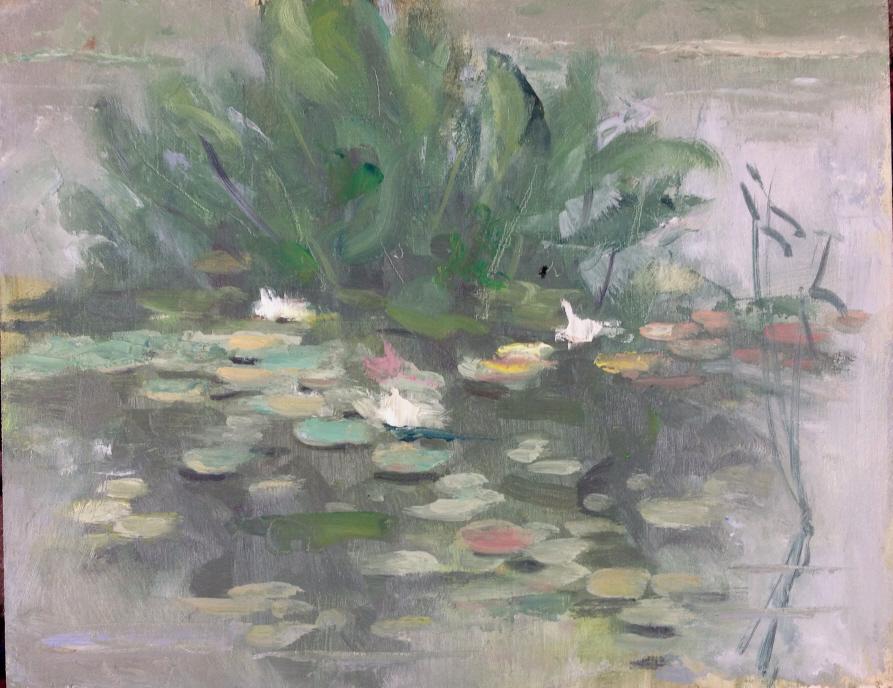 Harry Barto, water lilies: Harry Barto, water lilies. Pond water lilies. Title: Water lilies. Medium: Oil on Board. Size: 8 x 10 in. Signature: Estate stamp on verso. Artist: Harry Barton. Unframed.
