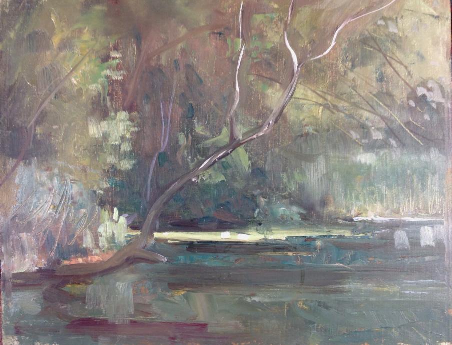 Harry Barton, river: Harry Barton, river. Title: TRee branch over water. Medium: Oil on Board. Size: 8 x 10 in. Signature: Estate stamp on verso. Artist: Harry Barton.