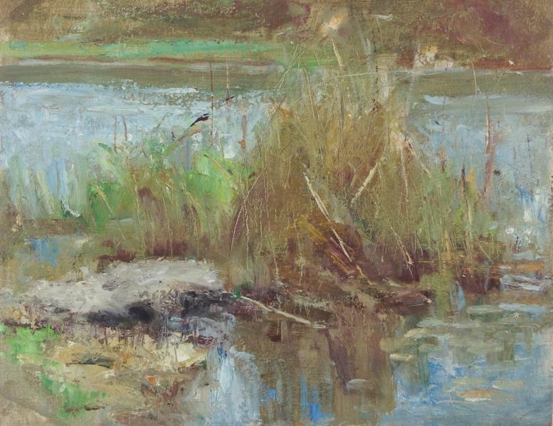 Harry Barton: Harry Barton. Title: Along the River. Medium: Oil on Board. Size: 8 x 10 in. Signature: Estate stamp on verso. Artist: Harry Barton. Unframed.
