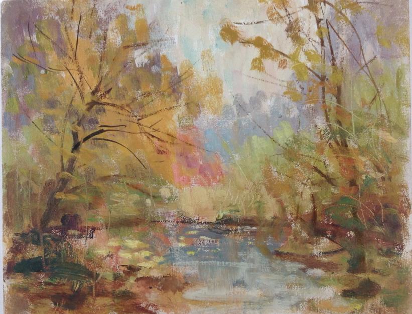 Harry Barton: Harry Barton. Quite pond area, with tress draping over. Title: Autumn approaching. Medium: Oil on Board. Size: 8 x 10 in. Signature: Estate stamp on verso. Artist: Harry Barton. Unframed.