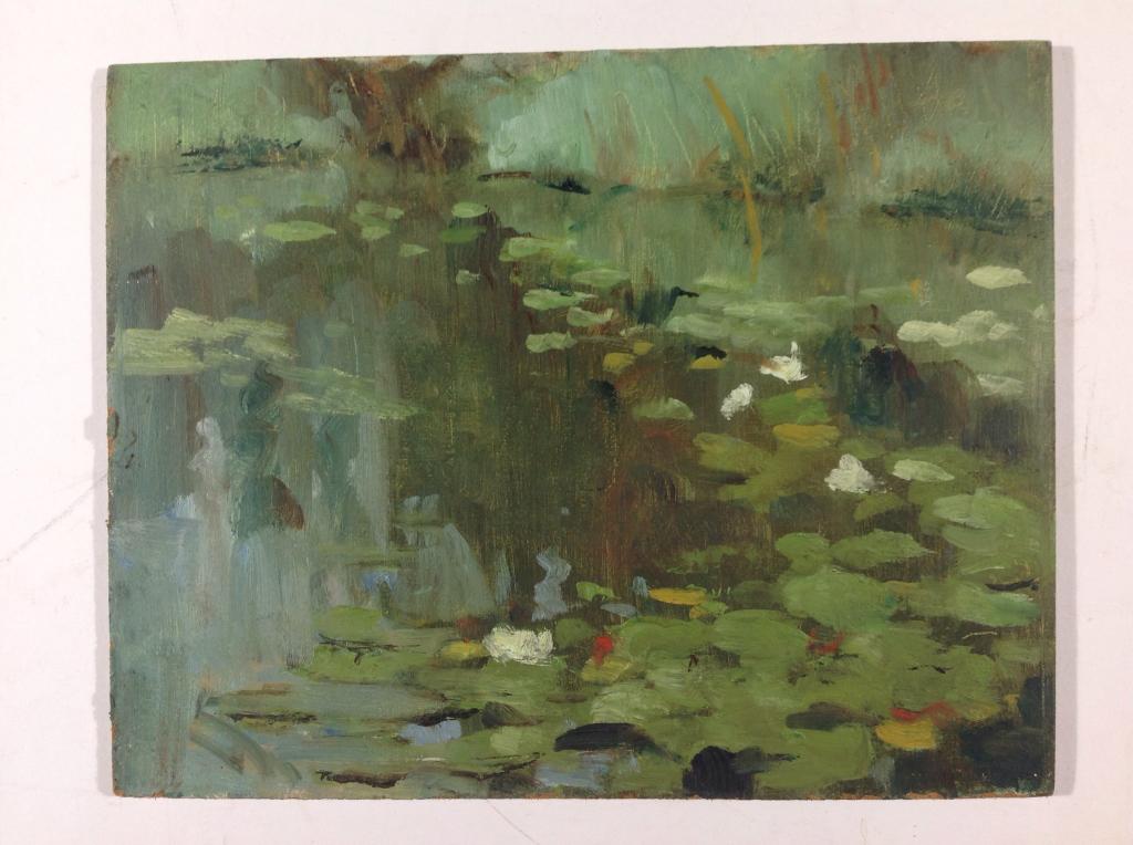 Harry Barton: Harry Barton. Title: Flowering water lilies. Medium: Oil on Board. Size: 8 x 10 in. Signature: Estate stamp on verso. Artist: Harry Barton. Unframed.