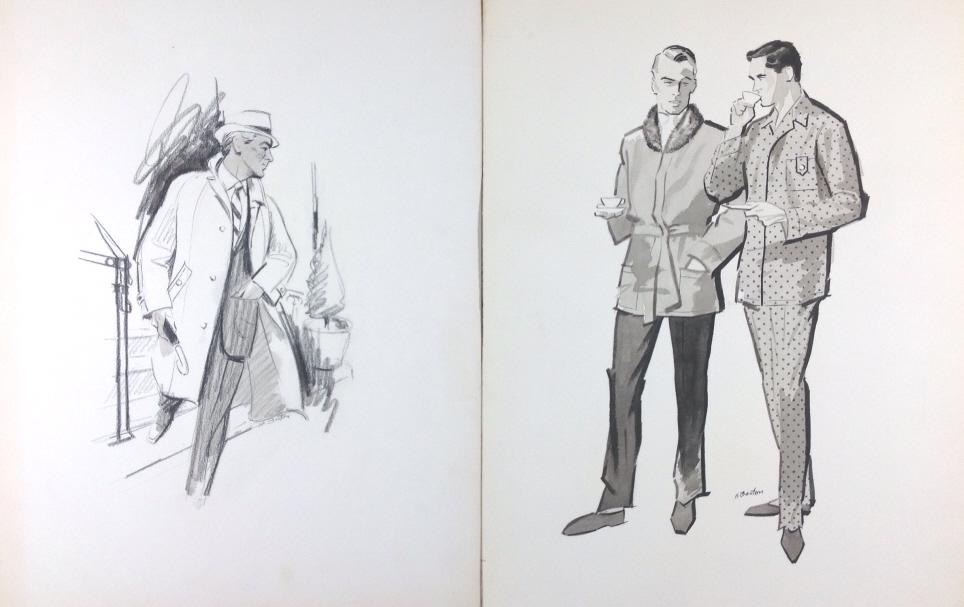 Harry Barton: Harry Barton. 2 illustrations, 1st man heading outside t to work with hat and umbrella, 2nd two men in pajamas drinking, tea, or coffee while standing in discussion. Both signed lower right. Mid centu