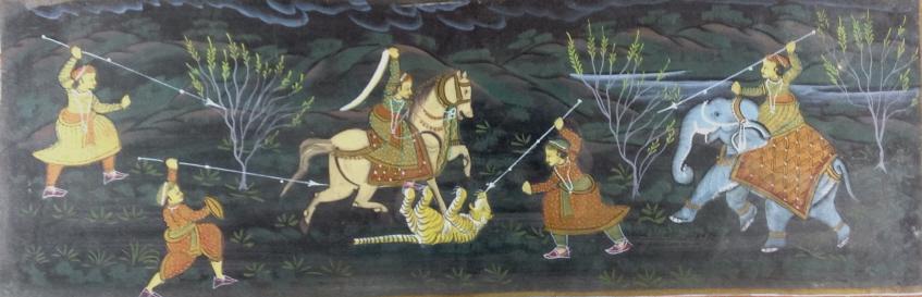 India tiger hunt, India: India tiger hunt, India. Elephant, spears,, saber, horse, tiger, frame:15.50 x 36.50. Title: The Tiger Hunt. Medium: Watercolor. Size: 10.50 x 31.50 in. Signature: Unsigned. Artist: Unknwon. Framed.