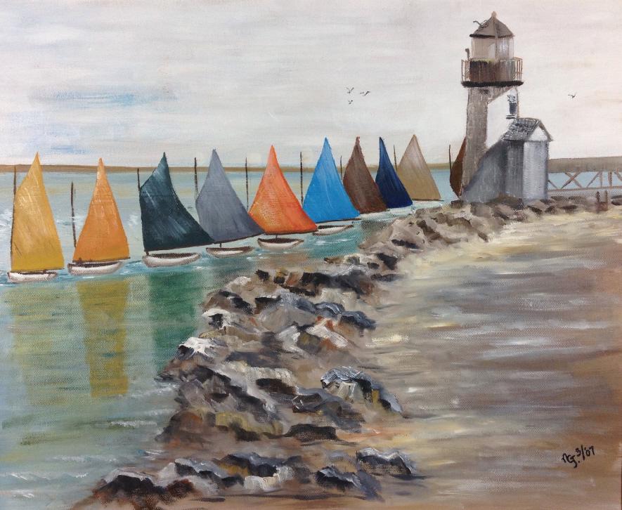 Nantucket, The Rainbow fleet Sail boats, Catboats: Nantucket, The Rainbow fleet Sail boats. Title: "The Rainbow Fleet. Medium: Oil on Canvas. Size: 16 x 20 in. Signature: Initials/Monogram. Artist: Initials. Dated 07 (2007) Framed.This is a copy in oi