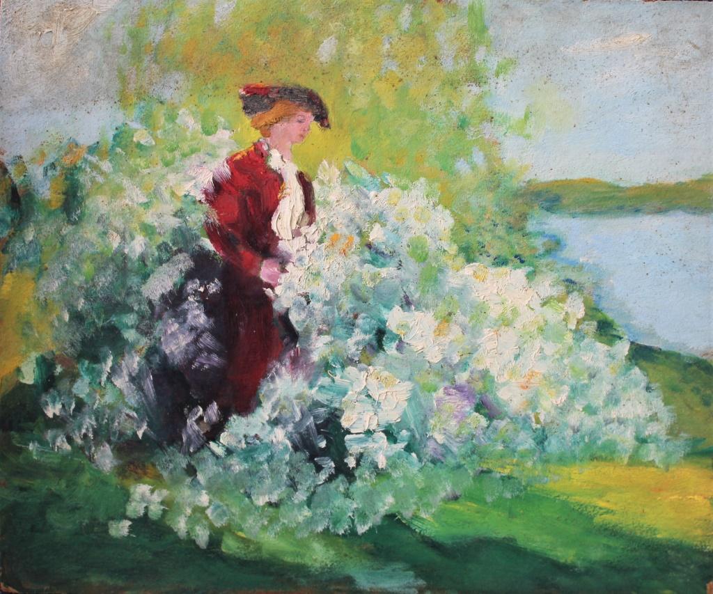 Eloise Egan (1874 - 1967): Eloise Egan (1874 - 1967). Woman in a garden by the water. Title: The Garden. Medium: Oil on Board. Size: 15 X 18 in. Signature: Unsigned. Artist: Eloise Egan (1874 - 1967). Unframed.