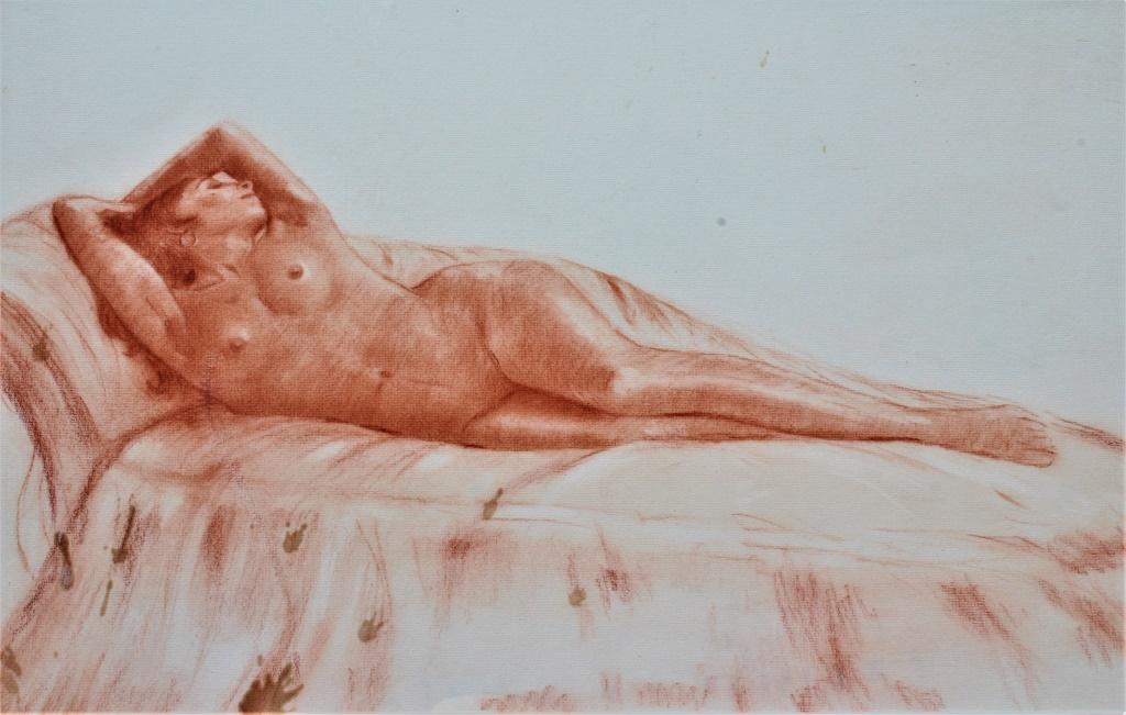 Reclining Nude: Reclining Nude. Title: Reclining Nude. Medium: Colored pencil. Size: 14 X 23 in. Framed.
