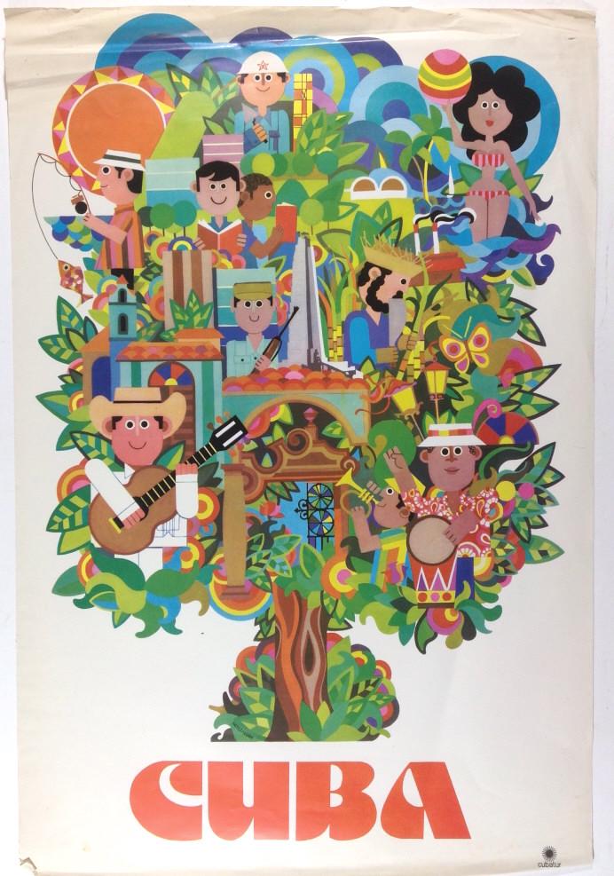 Cuba travel poster with soldier in the middle: Cuba travel poster with soldier in the middle. 2 posters, edges damaged. Title: Cuba. Medium: Print. Size: 30 x 20 in. Signature: Unsigned. Artist: Cubatur. Unframed.