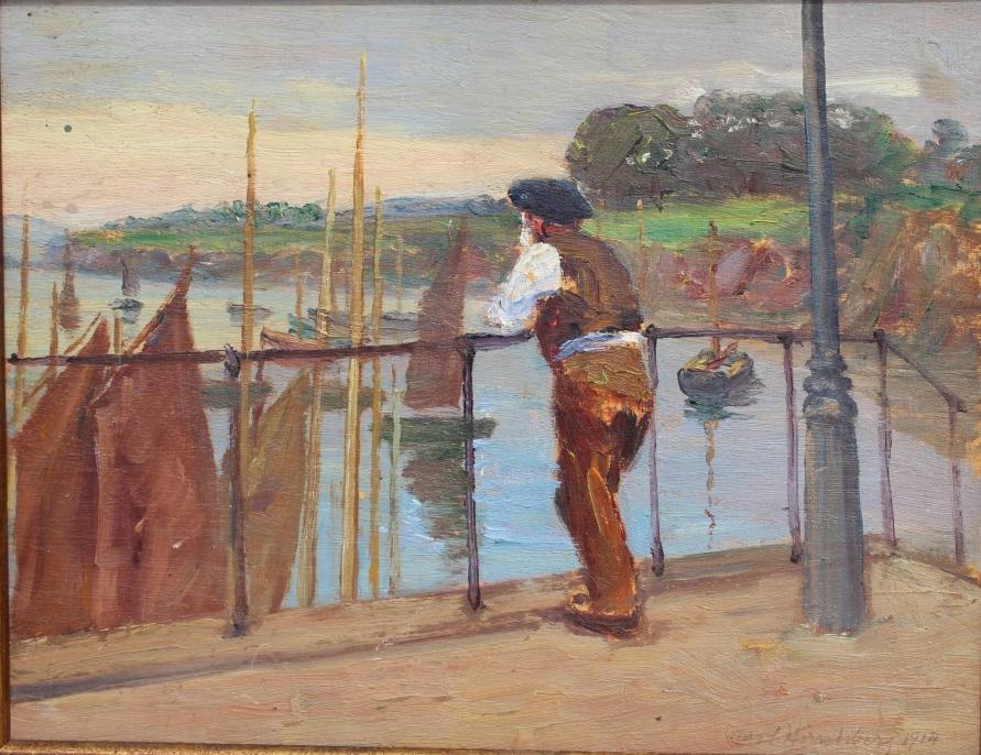 Carl Hirschberg (1854 - 1923): Carl Hirschberg (1854 - 1923). Dated 1914 lower right. Title: Dock Scene. Medium: Oil on Board. Size: 7.5 X 9.5 in. Artist: Carl Hirschberg (1854 - 1923). Framed.