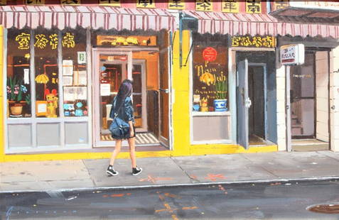 Vincent Giarrano , New York street scene: Vincent Giarrano , New York street scene. Frame size: 17 X 12.5. Title: Yellow Store Front. Medium: Oil on Board. Size: 8 X 12 in. Signature: SLL. Artist: Vincent Giarrano (Born 1960). Framed.