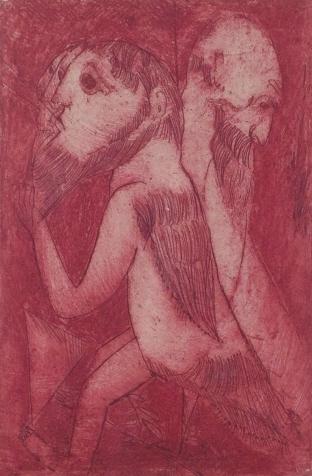 Nahum Tschacbasov (1899 - 1984): Nahum Tschacbasov (1899 - 1984). Pencil signed and dated lower right, aquatint. Title: Two heads are better than one. Medium: Aquatint. Size: 9 X 6 in. Signature: SLR. Artist: Nahum Tschacbasov (1899 