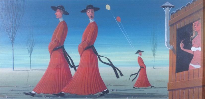 Tavenari: Tavenari. Two monks walking , one is in thought. The other is checking out a young girl in underwear. Title: Temptation. Medium: Acrylic on Masonite. Size: 6 X 12 in. Signature: SLR. Artist: Tavenari.