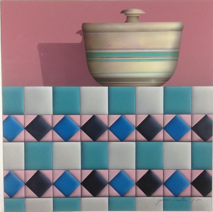 James Carter, Still life: James Carter, Still life. signed and dated1972 in pencil by artist. Title: Still Life. Medium: Acrylic on board. Size: 15 x 15 in. Signature: SLR. Artist: James Carter. Framed, bottom frame miss.