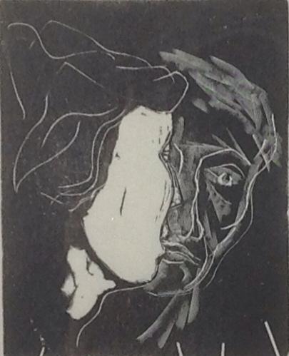 Leonard Baskin, woodcut: Leonard Barskin, Conversation. Medium: Woodcut. Size: 5 X 4 in. Signature: SLR. Artist: Leonard Baskin. Framed.