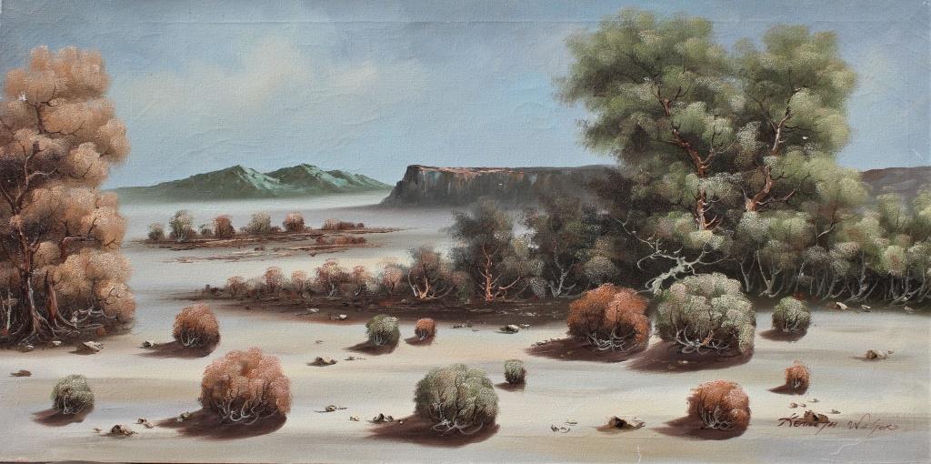Kenneth Walford, western. Landscape sage brush: Kenneth Walford, western. Landscape sage brush. Western scene with mountains, sand and tumbleweed. Title: Western landscape. Medium: Oil on Canvas. Size: 24 x 48 in. Signature: SLR. Artist: Kenneth Wa