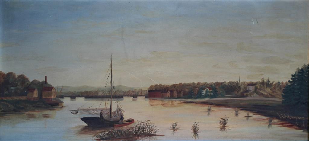 Lea Chapman, Westport ct harbor scene: Lea Chapman, Westport ct harbor scene. Westport, ct artist, information verso signed and dated 1888 by artist. Title: The Harbor, Westport Ct. Medium: Oil on Canvas. Size: 15 X 32 in. Signature: SLR. 