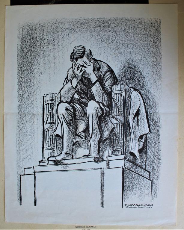 Bill Maudin Pulitzer Prize Cartoon: Bill Maudin Pulitzer Prize Cartoon. Printing of a Abraham Lincoln statue weeping at the death of Kennedy. This won Bill Mauldin a Pulitzer Prize. Printed in the rear page of the Chicago Sun-Times Satu