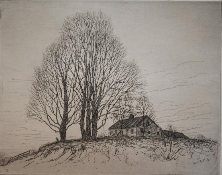 Philip Kappel (1901 - 1981): Philip Kappel (1901 - 1981). House on hill with bare trees, child by the trees. Title: House on the Hill. Medium: Etching. Size: 14.25 X 18.25 in. Signature: Unsigned. Artist: Philip Kappel (1901 - 19