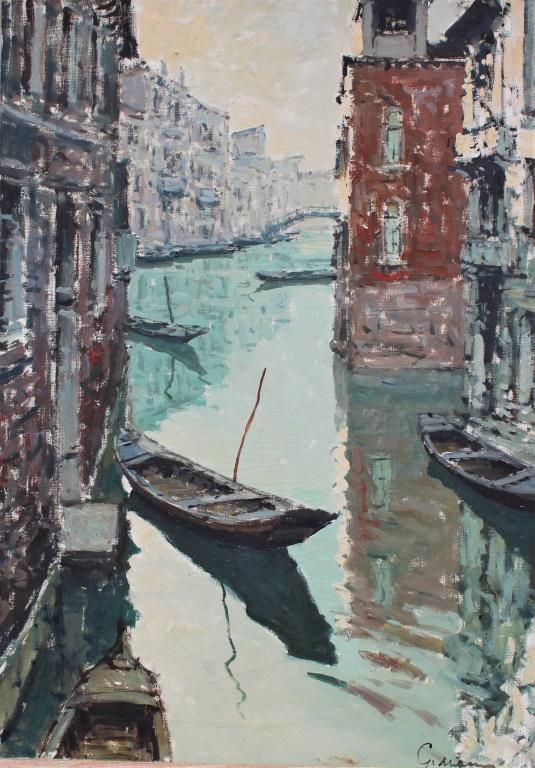Giuseppe Marino (1916 - 1975): Giuseppe Marino (1916 - 1975). Gondola in a Venice Canal. Fr. 31.5 X 23. Title: Venice Canal. Medium: Oil on Canvas. Size: 26.5 X 18 in. Signature: SLR. Artist: Giuseppe Marino (1916 - 1975). Framed.