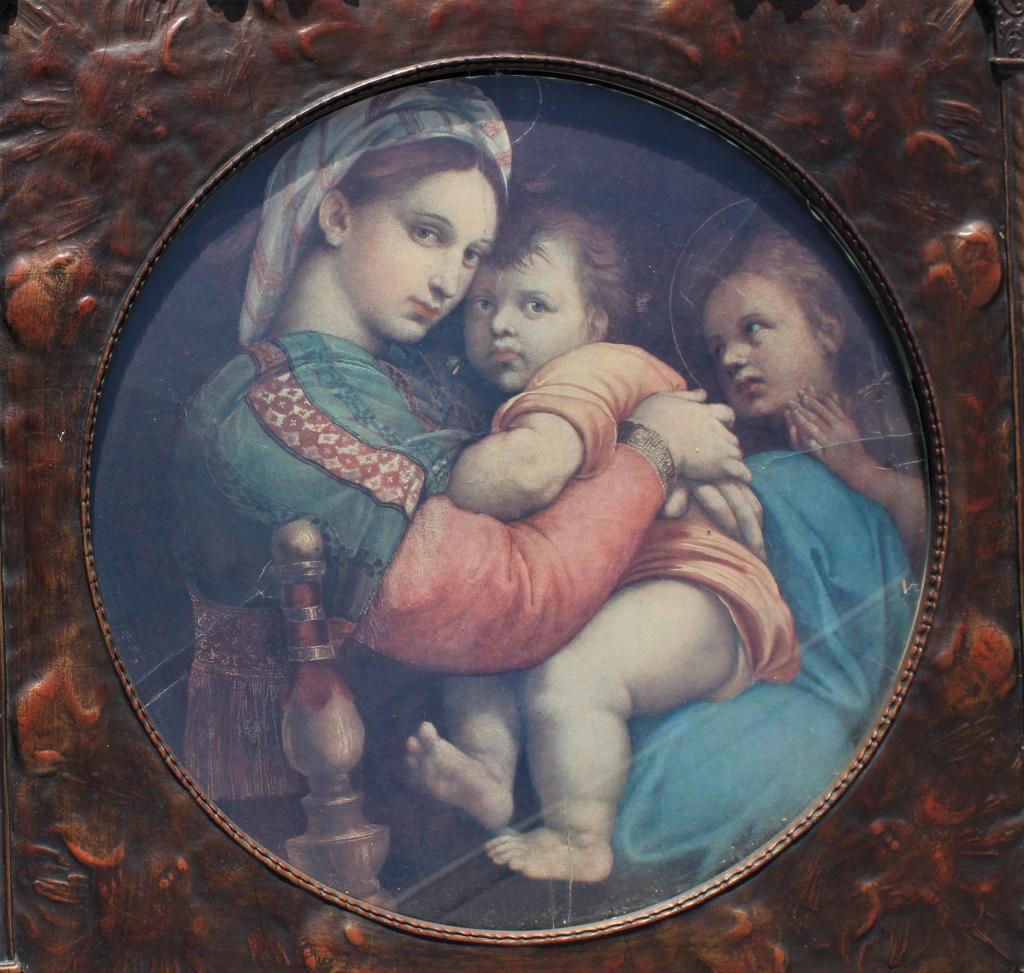 Madonna and Child: Madonna and Child. Portrait of a Mother and child with another child looking on. The mother and child have halo's. Beautiful frame. Title: Madonna and child. Medium: Print. Size: 15 X 15 in. Signature