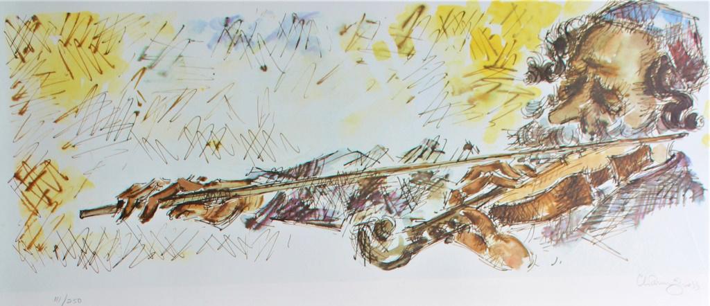 Chaim Gross (1904 - 1991): Chaim Gross (1904 - 1991). Lithograph of Israeli Court Musician . Signed and numbered 111/250. Title: Israeli Court Musician". Medium: Lithograph. Size: 11 x 27 in. Signature: SLR. Artist: Chaim Gross
