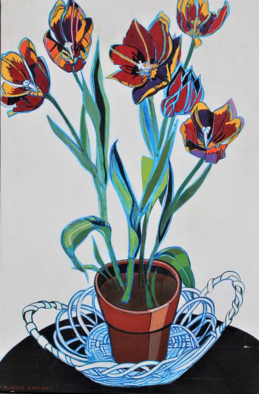 E Joyce Caplan (1924-2005) foral still life: E Joyce Caplan (1924-2005) foral still life. . Title: Floral still life. Medium: Acrlic on Canvas. Size: 30 X 24 in. Signature: SLL. Artist: E Joyce Caplan (1924-2005). Framed.