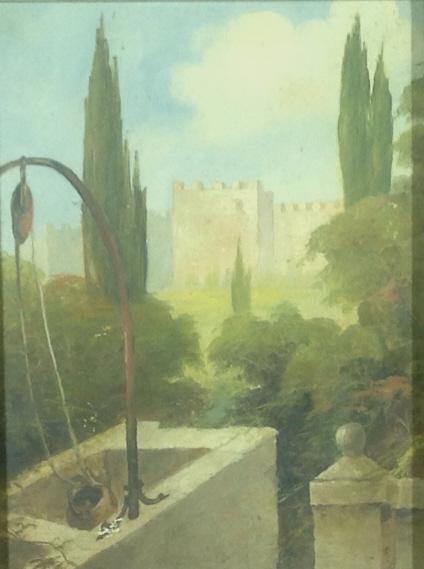 Paul Peterson: Paul Peterson's Father, European fortress and well. . Title: Fortress and watering well. Medium: Oil on Masonite. Size: 8.75 x 6.75 in. Signature: Description on verso. Artist: Paul Peterson's father.
