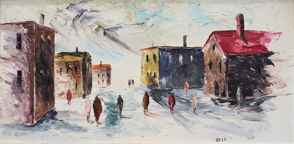 Gelf: Gelf. Winter town scene with people. Title: Winter Scene. Medium: oil on masonite. Size: 18 x 36 in. Signature: SLR. Artist: Gelf. Framed.