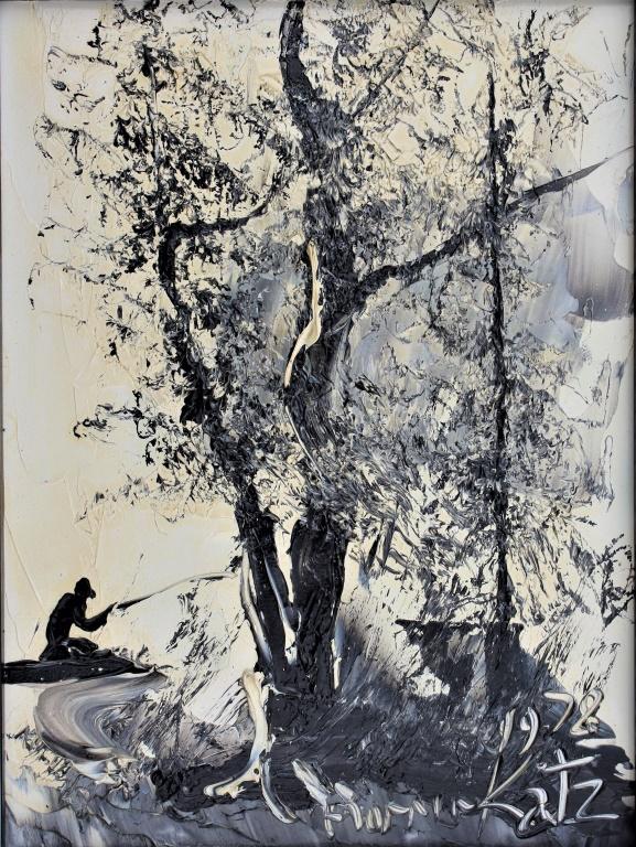 Morris Katz: Morris Katz. fishing by the river. Title: fishing by the river. Medium: Acrylic on Board. Size: 15.75 X 12 in. Signature: SLR. Artist: Katz. Framed.