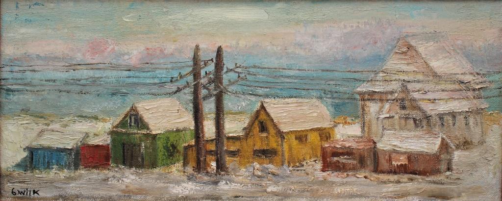 G. Wilk, winter in New England: G. Wilk, winter in New England. Winter scene of New England town with houses and telephone poles. Fr.23 X 9.5. Title: Costal New England town in the winter. Medium: Oil on Canvas. Size: 22 X 9 in. Sig
