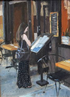 Vincent Giarrano, city scene: Vincent Giarrano, city scene. Girl reading a menu outside a cafe. Circa 2008 Fr.9.5 X 11.5. Title: The Menu"". Medium: Oil on Canvas. Size: 5.5 X 7.5 (sight) in. Signature: SLR. Artist: Vincent Giarra