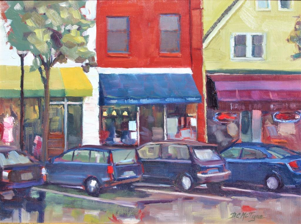 Bernard C. McTigue, Old Saybrook, CT: Bernard C. McTigue, Old Saybrook, CT. A downtown scene of Connecticut shoreline town. FR 19.5 X 15.5. Title: Old Saybrook, Connecticut. Medium: Oil on Canvas. Size: 15 X 11.25 (sight) in. Signature: S