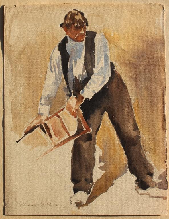 Florence Vincent Robinson (1874 - 1937): Florence Vincent Robinson (1874 - 1937). Man with chair. Title: Relaxing. Medium: Watercolor. Size: 12.25 X 9.50 in. Signature: SLL. Artist: Florence Vincent Robinson (1874 - 1937). Framed.