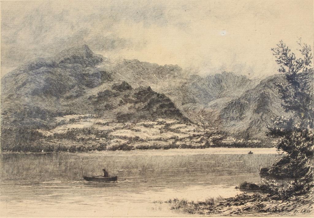 David Law (1831 - 1901): David Law (1831 - 1901). Rowing across the lake. Label verso : Arthur Ackerman & Son, 50 East 57th St, New York. David Law. (Scottish, 1831-1901) Hand pulled copper plate etching on laid paper. 1889.