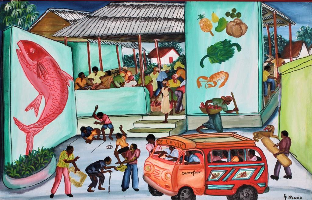 Caribbean Market Scene: Caribbean Market Scene. Caribbean Market Scene. Title: Caribbean Market Scene. Medium: Oil on Canvas. Size: 22.75 x 36 in. Signature: SLR. Artist: Mario. Framed.