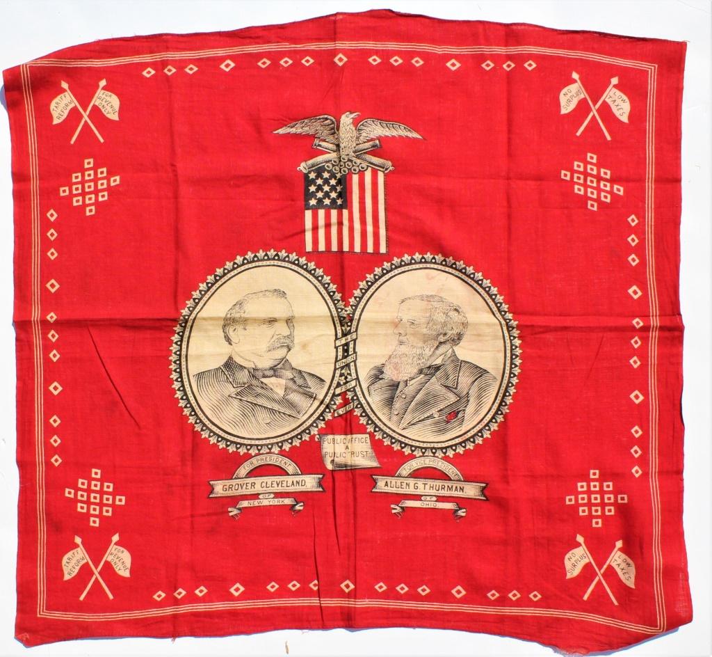 Grover Cleveland Presidential CAMPAIGN BANDANA: Grover Cleveland Presidential CAMPAIGN BANDANA. 1888 GROVER CLEVELAND NEW YORK ALLEN THURMAN OH PRESIDENTIAL CAMPAIGN BANDANA Political memorabilia from First Selectman Carl A. Balestracci. Note artic