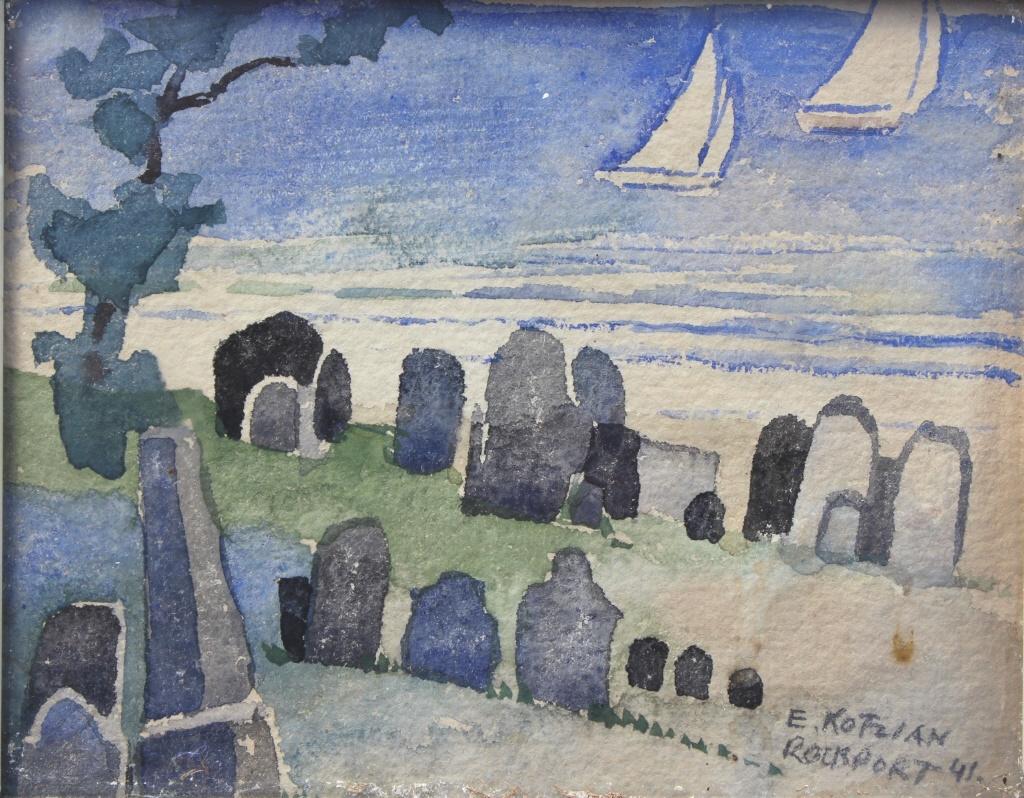 Ernest Kotzian, Rockport Mass: Ernest Kotzian, Rockport Mass. Signed and dated 41 by artist. Cemetery with harbor in the background. Picture verso!! Ernest Kotzian (Born 1908) was active/lived in Massachusetts / Germany. Ernest Kot