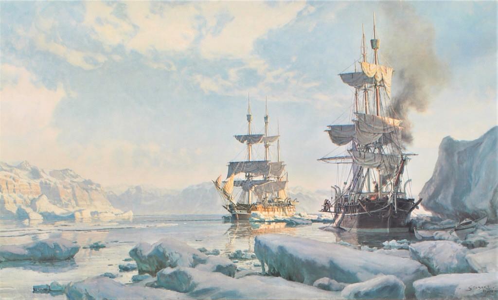 John Stobart, Whaling in the Arctic: John Stobart, Whaling in the Arctic. Signed and numbered 136/850 in pencil by artist. Stobart traveled by passenger-cargo vessel to his father's home in south Africa. This voyage sparked his interest