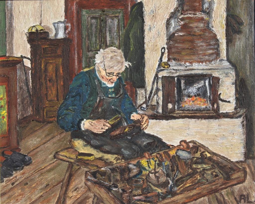 Shoe Cobbler, initialed AL: Shoe Cobbler, initialed AL. Man repairing a shoe. Title: Shoe Cobbler. Medium: Oil on Masonite. Size: 7 X 8.75 in. Signature: Initials/Monogram. Artist: AL. Framed.