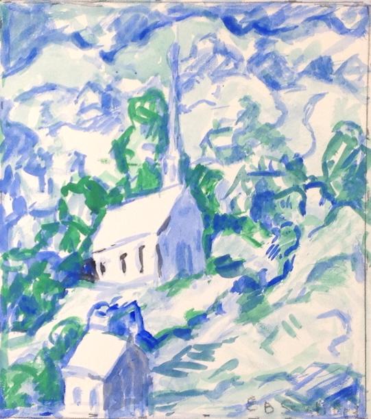 Ethel Bennett Schiffer watercolor, , Church: watercolor, Ethel Bennett Schiffer, Church. Title: Church on the hill. Medium: Watercolor. Size: 10 x 9 in. Signature: Illegible. Artist: Illegible. Unframed.