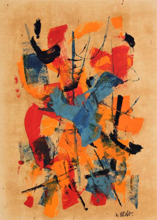 John G.F. Von Wicht (1888 - 1970): John G.F. Von Wicht (1888 - 1970). Oil on paper laid down on linen, Gallery label on back. Dated 1957.. Title: Exuberance"". Medium: Oil on Paper. Size: 17 X 12 in. Signature: SLR. Artist: John G.F. V