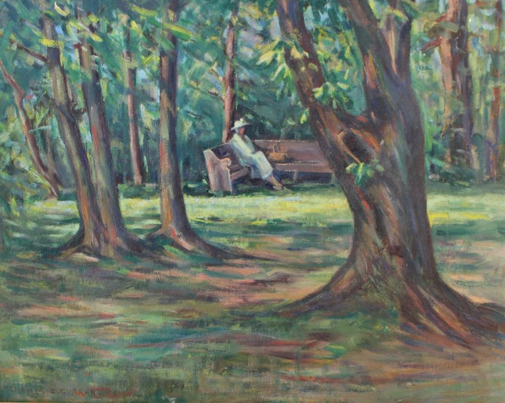 Charles Courtney Curran (1861 - 1942): Charles Courtney Curran (1861 - 1942). Lady in park. Title: Lady in the Park"". Medium: Oil on Canvas. Size: 16 X 20 in. Signature: SLL. Artist: Charles Courtney Curran (1861 - 1942). Framed.
