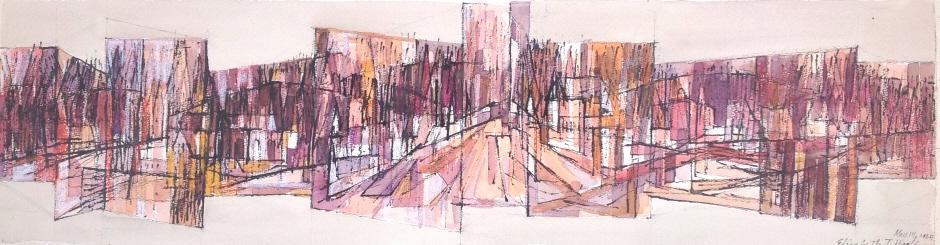 Elizabeth T. Hoeffer, Mid century Mural study: Elizabeth T. Hoeffer, Mid century Mural study. May 14, 1964, Newtown Mural idea Savings bank., Semi abstract, trees town street, cubist, Pare size: 16.75 x 30. Title: Mid century mural study. Medium: 