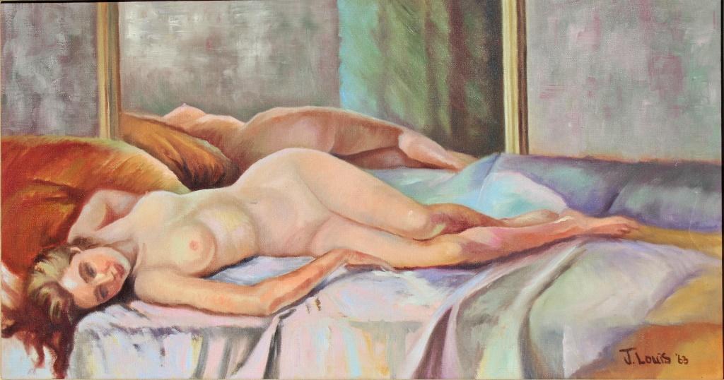 Reclining Nude study of female model: Reclining Nude study of female model. FR 19 X 32.5. Title: Reclining nude Model. Medium: Oil on Canvas. Size: 14.5 x 28 in. Signature: SLR. Artist: J Louis. Framed.