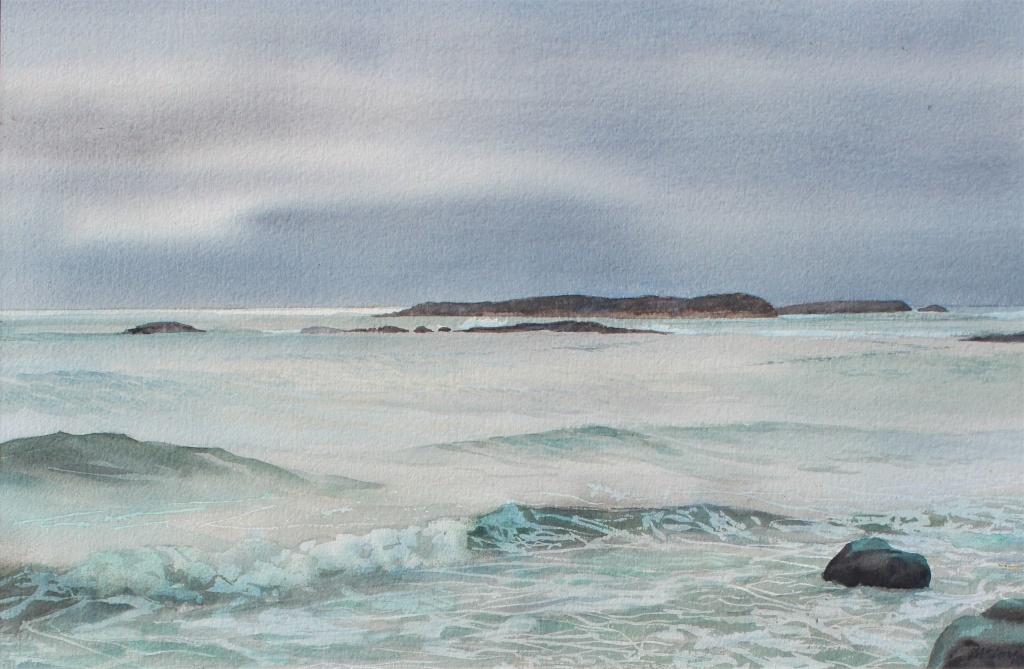 Frank McCoy, coastline waves: Frank McCoy, coastline waves###. Title: Seascape. Medium: Watercolor. Size: 14 X 21.5 in. Signature: SLR. Artist: Frank McCoy (20th century). Framed.