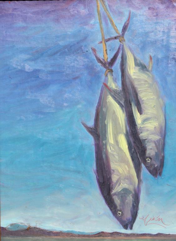 Tuna , illegible signature: Tuna , illegible signature. 2 large (Tuna) fish on a stringer. Title: Days Catch. Medium: Oil on Canvas. Signature: Illegible. Artist: illegible. 16 X 12 Framed. 20 X 15.5