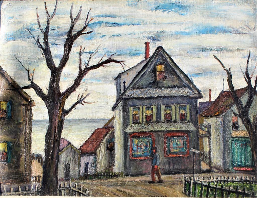 Samuel Brecher, Commercial street, Provincetown: Samuel Brecher, Commercial street, Provincetown. Commercial Street near Pearl Street,Provincetown,MA. Title: Commercial Street, Provincetown,MA. Medium: Oil on masonite. Size: 20 X 26 in. Signature: S