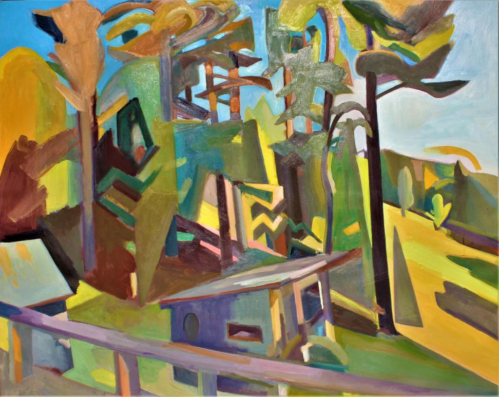 Cubist house and forest landscape, Provincetown: Cubist house and forest landscape, Provincetown. artist? Colorful abstract with forest scene with house. most likely a Provincetown artist. Title: Cubist House in the forest. Medium: Oil on Canvas. Si