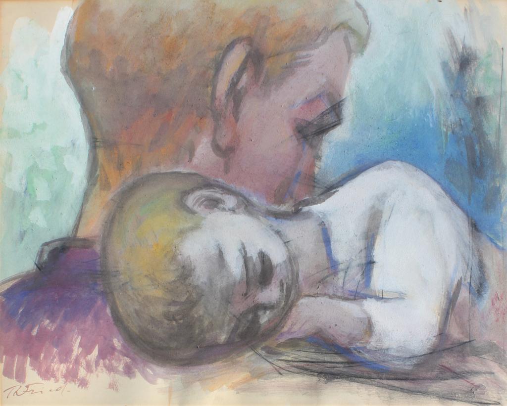 R. Fried , Father and son: R. Fried , ather and son. Man and a child. Title: Father and son. Medium: Watercolor. Size: 18.5 X 22.5 in. Signature: SLL. Artist: R Fried. Framed.