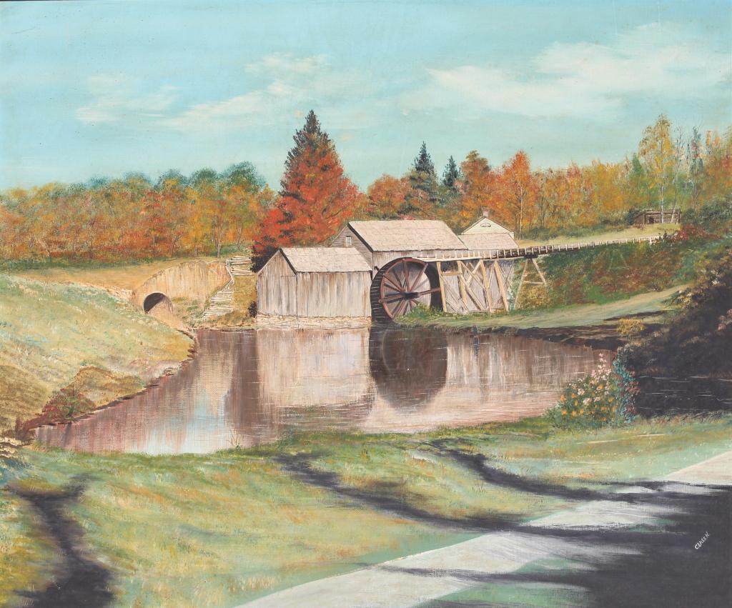 Perry Clasen, O;ld Mill: Perry Clasen, O;ld Mill. Dated verso 64 Branford, CT. Title: The Old Mill. Medium: Oil on Board. Size: 20 X 24 in. Signature: SLR. Artist: Perry Clasen. Unframed.