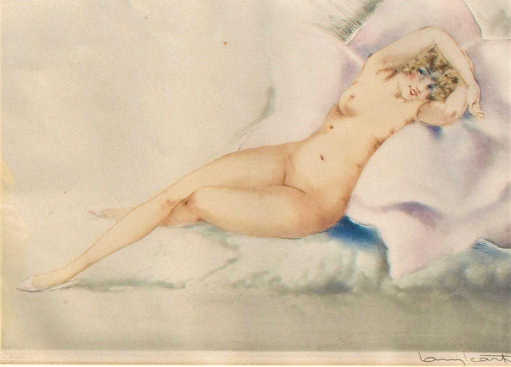 Louis Justin Laurent Icart, nude Model: Louis Justin Laurent Icart, nude Model. Signed and Numbered A/ 135 in pencil by artist.Louis Icart is known for Sensuous female figure drawing and painting, fashion design. Reclining. Title: Reclining